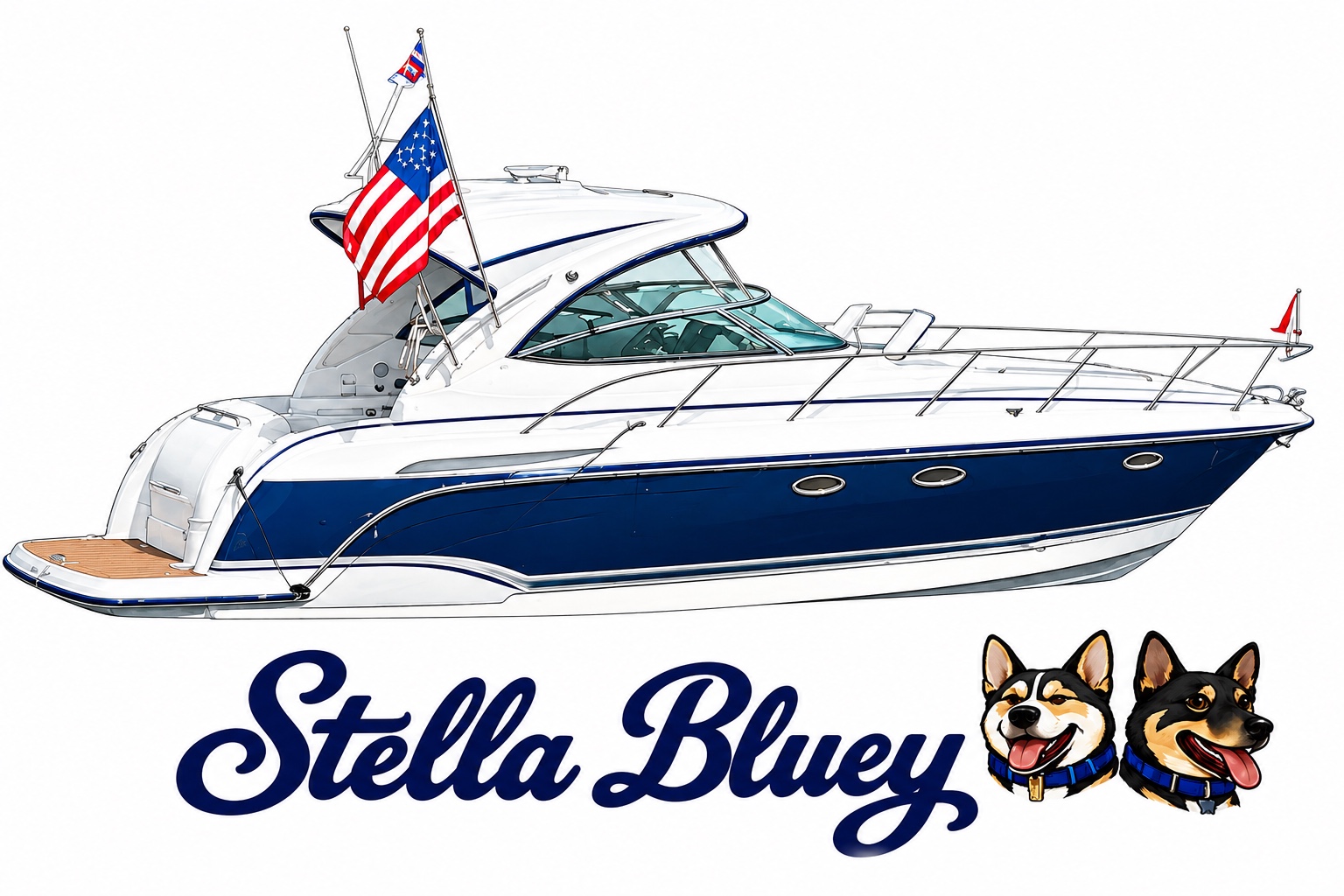 Stella Bluey, a navy and white Formula cruiser with two dogs